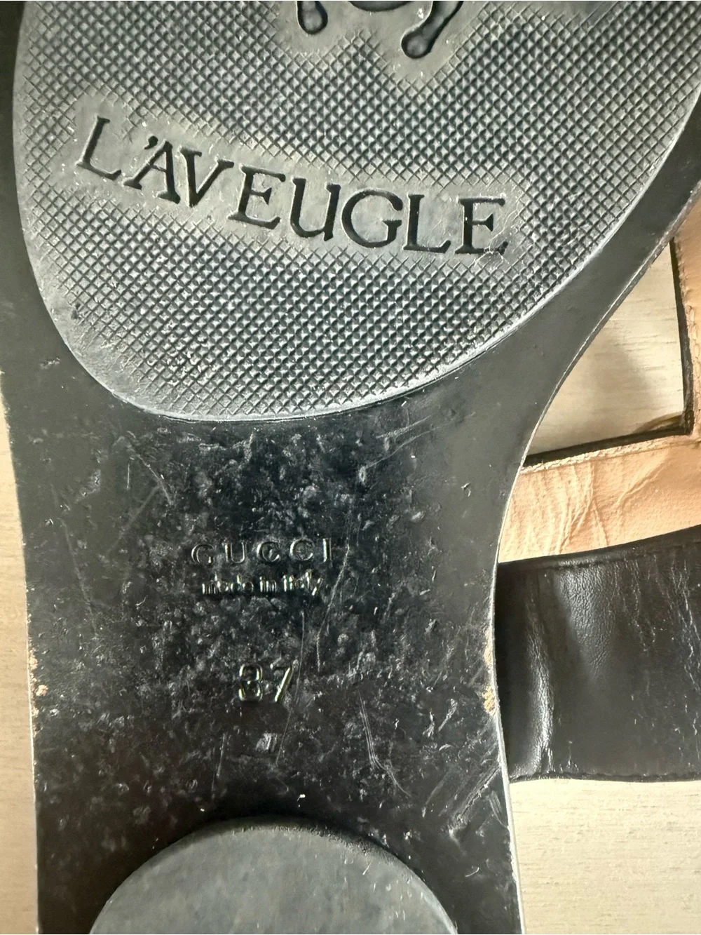 Authentic Gucci Black Leather GG Gold-Logo Thong Sandals